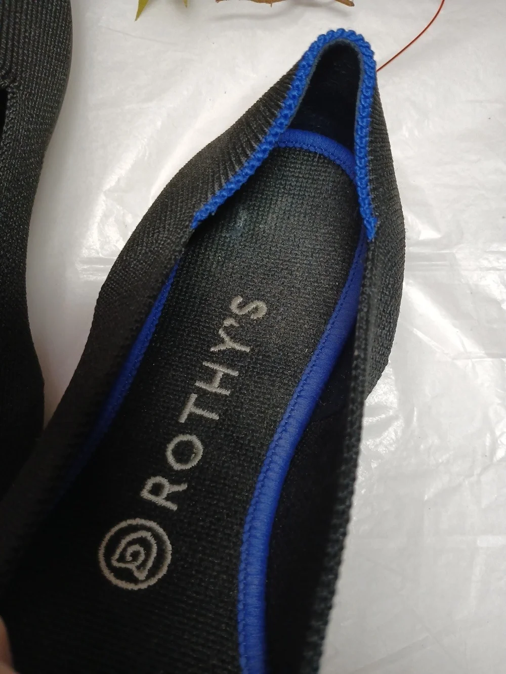 Rothy's Black Knit Slip-On Loafers with Blue Trim
